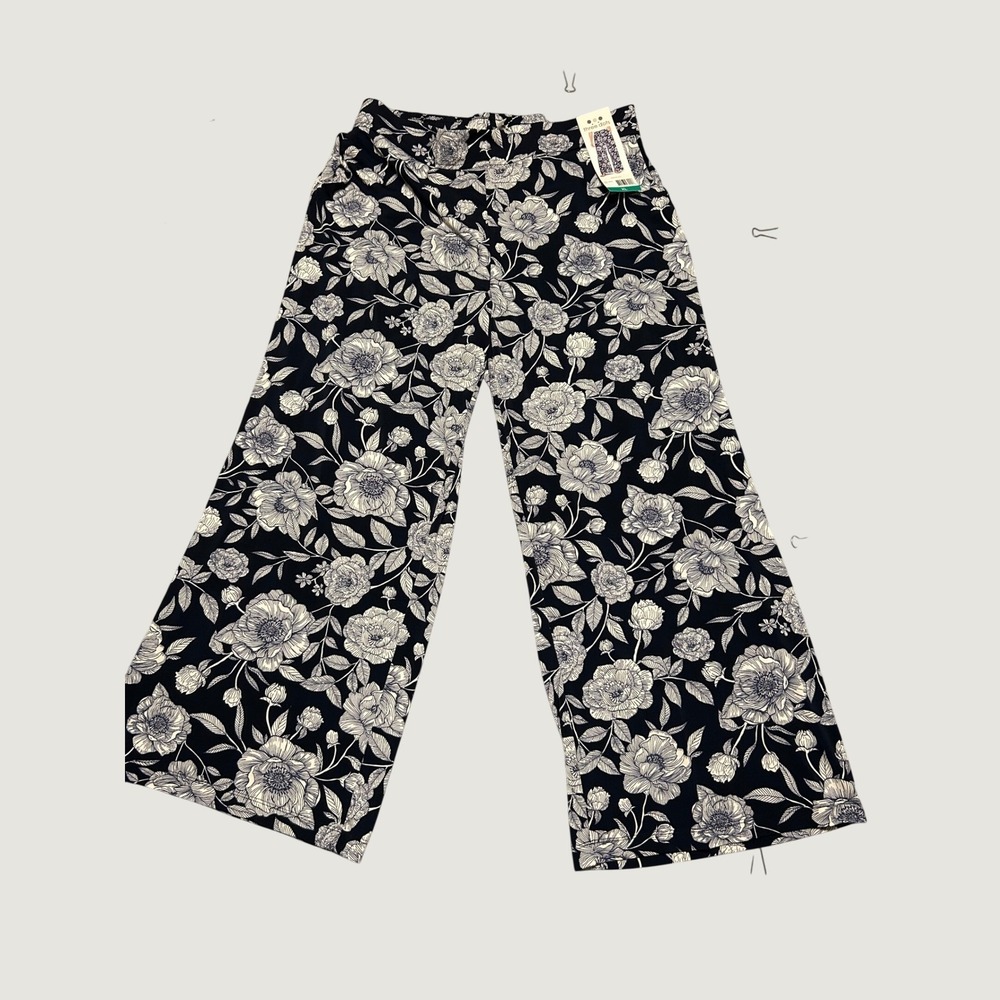 Three Dots Womens XL Navy White Floral Wide Leg Pants Elastic Waist NWT 1868328